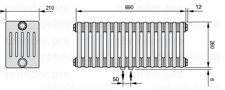 Схема (чертеж) Радиатор Zehnder Charleston 6026/15 №5410 Белый глянцевый RAL 9016